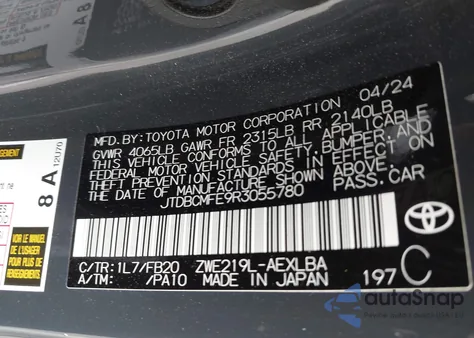 2024 Toyota Corolla Hybrid Le from USA, damaged, VIN JTDBCMFE9R3055780